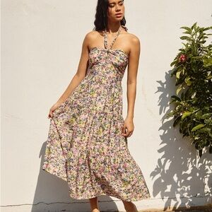 NWOT Dress Forum Halter Midi Ruched Smocked Sundress size Medium